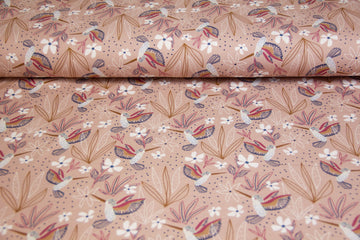 Jersey mit Kolibris und Blumen, altrosa, 0,5 m